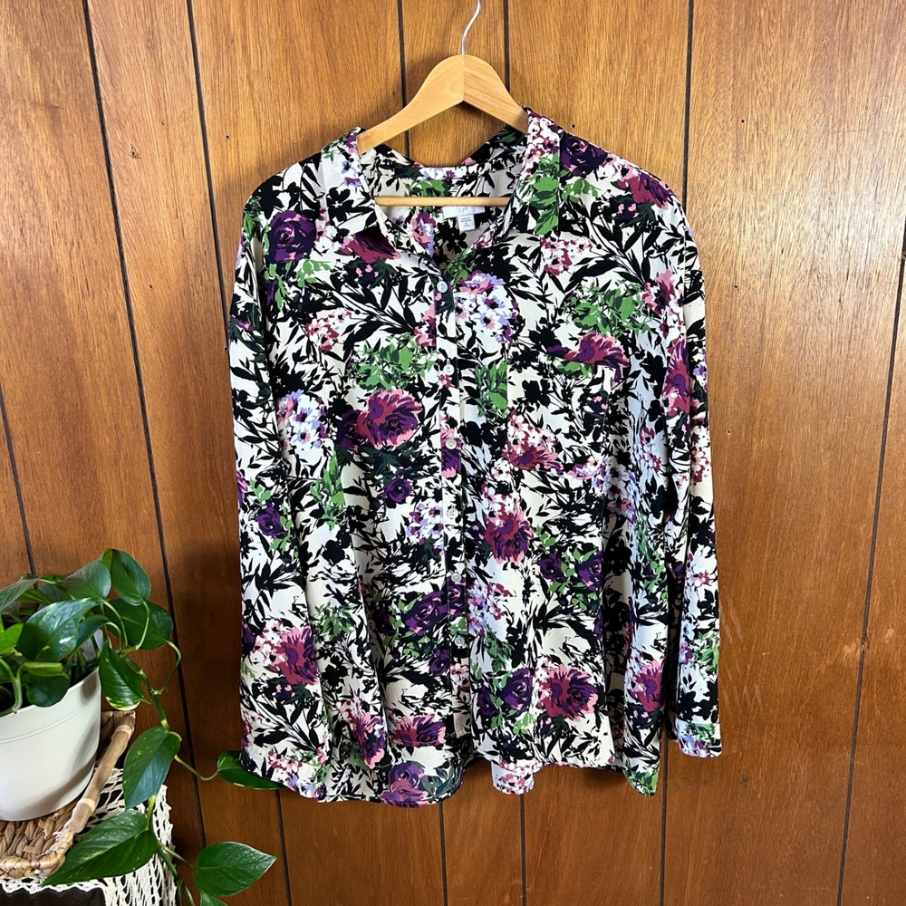 J.Jill Floral Button‎ Down Blouse Purple Pink Green Long Sleeve XL Petite - Picture 2 of 11